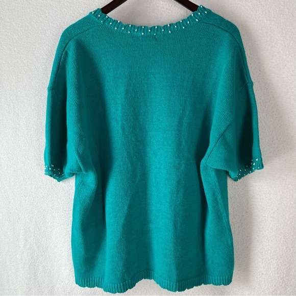 Vintage Sweater XL Lucia Cardigan Teal Green Knit Embroidered Floral Scalloped - Picture 10 of 16